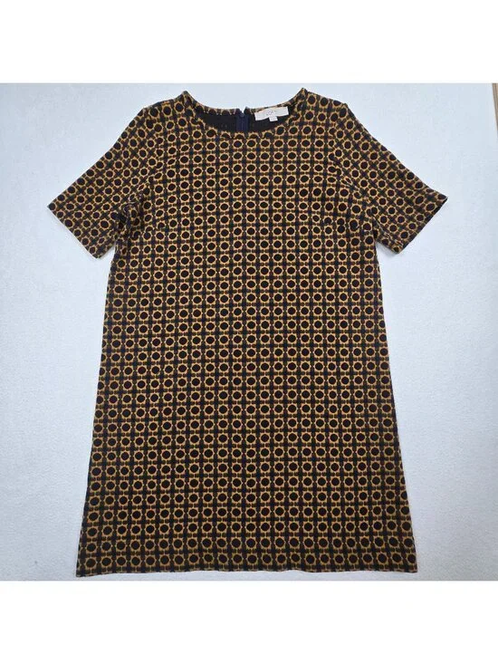 Ann Taylor LOFT Large Shift Dress Navy/Yellow Geometric Pattern Short Sleeve - Picture 1 of 4